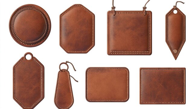 This is a collection of realistic brown leather patches perfect for adding a vintage touch to your designs.