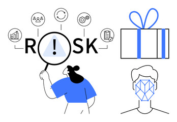 Businesswoman examining risk factors with magnifying glass icons for analytics, teamwork, process, settings, document. Ideal for risk management, business analysis, decision-making, strategy