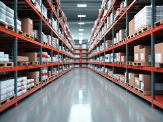 A large retail warehouse with endless rows of shelves stacked with assorted goods in cartons. The clean, orderly layout emphasizes storage efficiency.