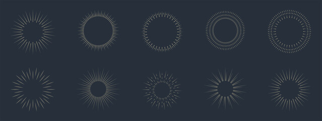 Vintage sunburst set collection. Logotype or lettering hand drawn design element. Bursting golden sun rays sunrise firework starburst blast burst sunset star. Radial sunset beams. Vector illustration.