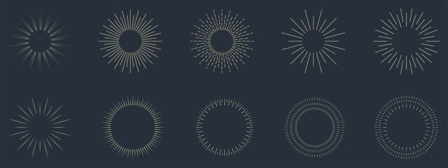 Vintage sunburst set collection. Logotype or lettering hand drawn design element. Bursting golden sun rays sunrise firework starburst blast burst sunset star. Radial sunset beams. Vector illustration.