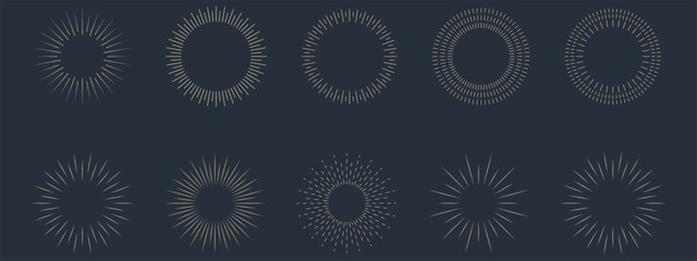 Vintage sunburst set collection. Logotype or lettering hand drawn design element. Bursting golden sun rays sunrise firework starburst blast burst sunset star. Radial sunset beams. Vector illustration.