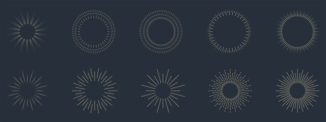 Vintage sunburst set collection. Logotype or lettering hand drawn design element. Bursting golden sun rays sunrise firework starburst blast burst sunset star. Radial sunset beams. Vector illustration.