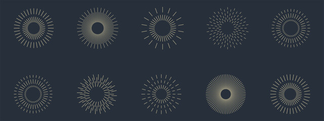 Vintage sunburst set collection. Logotype or lettering hand drawn design element. Bursting golden sun rays sunrise firework starburst blast burst sunset star. Radial sunset beams. Vector illustration.
