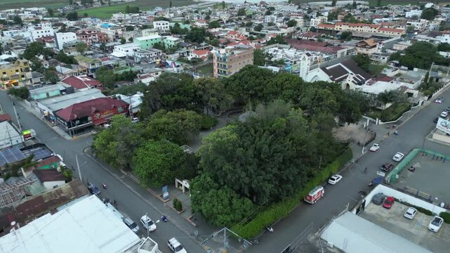 Aerial view of the town center and central park of Constanza in the La Vega province in the central range of the Dominican Republic
