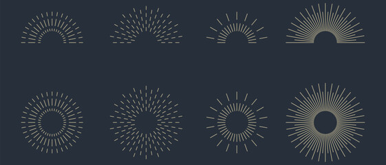 Vintage sunburst set collection. Logotype or lettering hand drawn design element. Bursting golden sun rays sunrise firework starburst blast burst sunset star. Radial sunset beams. Vector illustration.