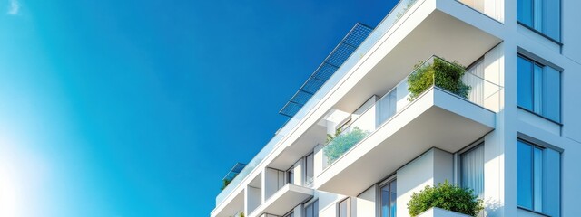 Modern Residential Apartment Building with Clear Blue Sky and Bright Sunlight Highlighting Beautiful Balconies and Greenery in Urban Setting