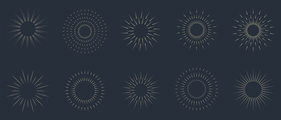 Vintage sunburst set collection. Logotype or lettering hand drawn design element. Bursting golden sun rays sunrise firework starburst blast burst sunset star. Radial sunset beams. Vector illustration.