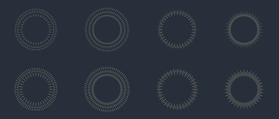 Vintage sunburst set collection. Logotype or lettering hand drawn design element. Bursting golden sun rays sunrise firework starburst blast burst sunset star. Radial sunset beams. Vector illustration.