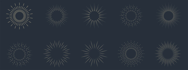 Vintage sunburst set collection. Logotype or lettering hand drawn design element. Bursting golden sun rays sunrise firework starburst blast burst sunset star. Radial sunset beams. Vector illustration.