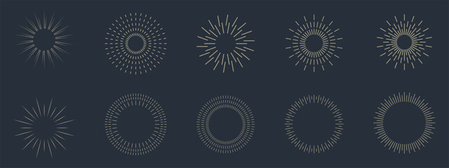 Vintage sunburst set collection. Logotype or lettering hand drawn design element. Bursting golden sun rays sunrise firework starburst blast burst sunset star. Radial sunset beams. Vector illustration.