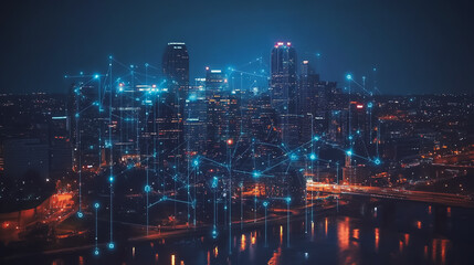 Fototapeta premium Smart digital Innovation city with connection network reciprocity over the cityscape. of future smart wireless city and social media networking systems that connects business people with in city