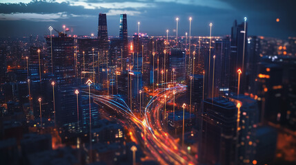 Fototapeta premium Smart digital Innovation city with connection network reciprocity over the cityscape. of future smart wireless city and social media networking systems that connects business people with in city