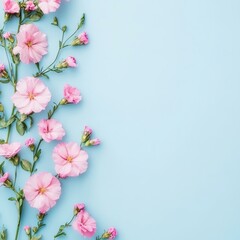 Fototapeta premium Banner with pink flowers on light blue background. Greeting card template for Wedding mothers or womans day. Springtime composition with copy space.