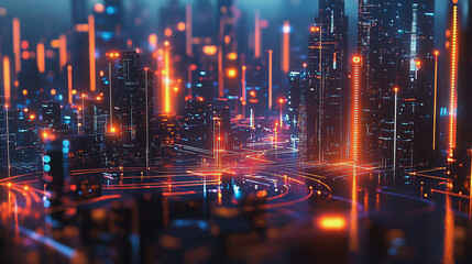 Fototapeta premium Smart digital Innovation city with connection network reciprocity over the cityscape. of future smart wireless city and social media networking systems that connects business people with in city