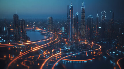 Fototapeta premium Smart digital Innovation city with connection network reciprocity over the cityscape. of future smart wireless city and social media networking systems that connects business people with in city