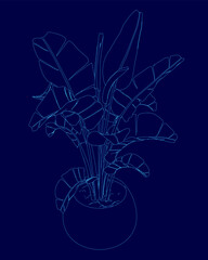 Blue drawing of a plant in a vase. The drawing is of a plant with long green leaves and a stem
