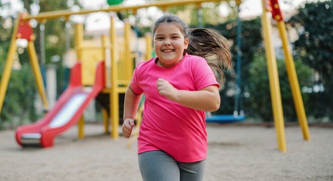 Joyful hispanic child playing in park playground with colorful equipment