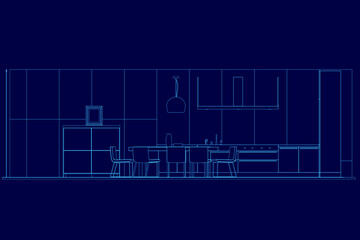 Blue drawing of a kitchen with a dining table and chairs. The kitchen is shown in a outline style