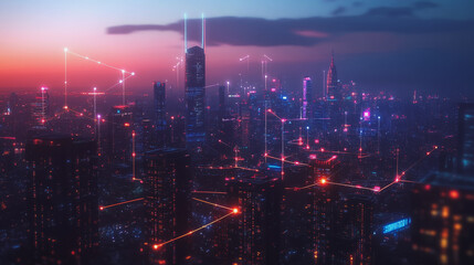 Fototapeta premium Smart digital Innovation city with connection network reciprocity over the cityscape. of future smart wireless city and social media networking systems that connects business people with in city