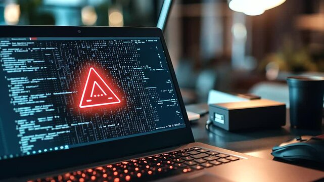 A laptop resting on a cluttered desk, showing a flashing warning triangle with error codes, evoking a sense of urgency and cyber vulnerability
