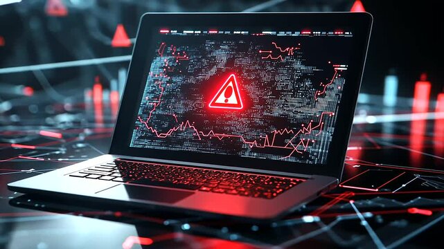 A laptop screen with a warning triangle and flashing text, set against a background of interconnected digital maps and error pop-ups