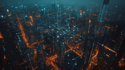 Fototapeta premium Smart digital Innovation city with connection network reciprocity over the cityscape. of future smart wireless city and social media networking systems that connects business people with in city