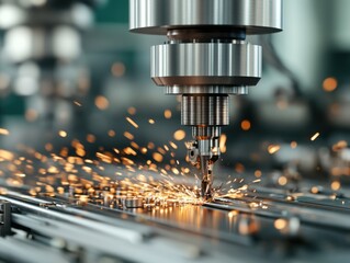 A CNC milling machine is actively cutting metal, producing vibrant sparks. The image captures the precision and intensity of modern metalworking.