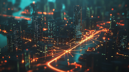Smart digital Innovation city with connection network reciprocity over the cityscape. of future smart wireless city and social media networking systems that connects business people with in city