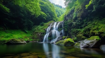 Fototapeta premium Serene Waterfall in Lush Green Forest