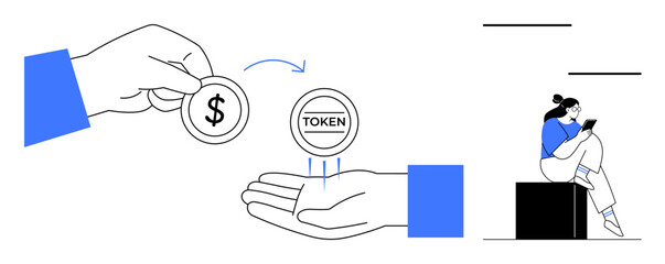 Hand giving a dollar coin and receiving a token coin while a person sits with a tablet. Ideal for cryptocurrency, blockchain, fintech, online transactions, investments, digital economy, e-commerce