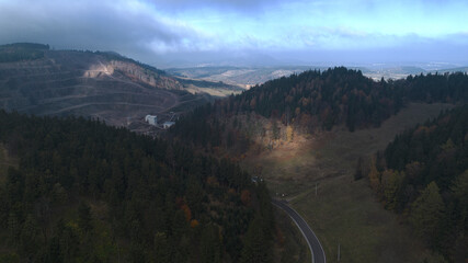 Autumn in the mountains, autumn mountains from above. Aerial landscape. Drone view.