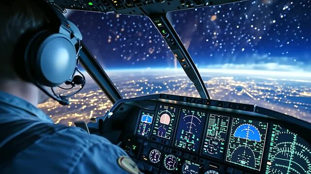 A pilot immersed in a VR training system, the virtual cockpit visuals reflecting a nighttime flight with illuminated instruments and a starlit sky