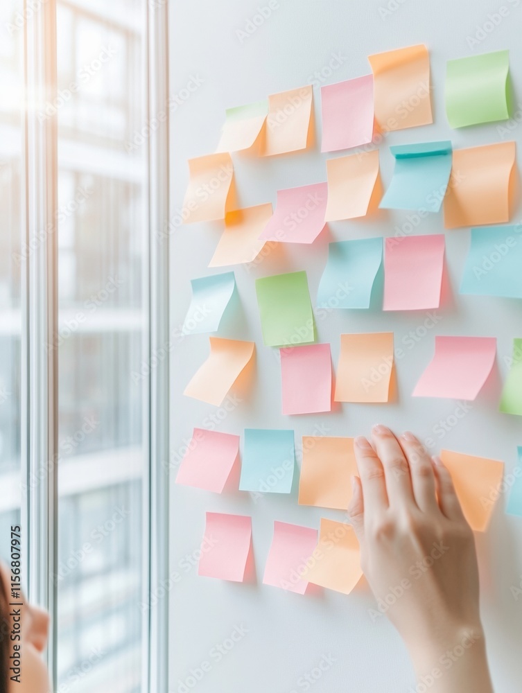 Poster creative collaboration by diverse professionals using colorful sticky notes in modern office