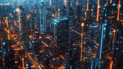 Fototapeta premium Smart digital Innovation city with connection network reciprocity over the cityscape. of future smart wireless city and social media networking systems that connects business people with in city