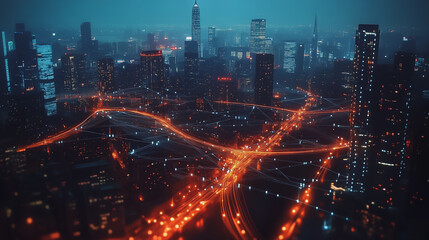 Fototapeta premium Smart digital Innovation city with connection network reciprocity over the cityscape. of future smart wireless city and social media networking systems that connects business people with in city