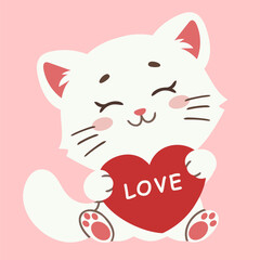 White cute cat holding heart sending love. Happy Valentines Day greeting card, design element, vector illustration isolated on pink background