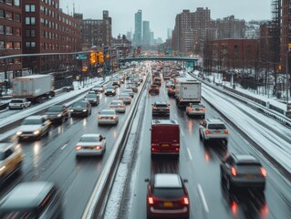 Motion blur captures the busy energy of an urban highway during evening traffic, with lights streaking and city buildings in the background.