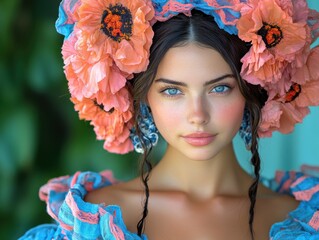 A woman with blue eyes wears a decorative hat adorned with large pink flowers. Her expression is serene against a blurred green background.