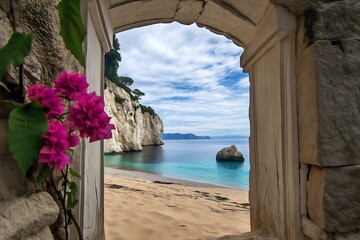 Tropical beach viewed through stone arch with door, bougainvillea, digital photography backdrop.