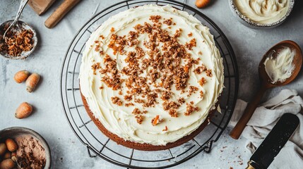 Carrot cake cooling on a wire rack, with frosting in progress and rustic baking tools scattered on the table