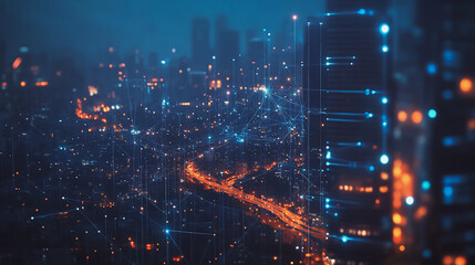 Obraz premium Smart digital Innovation city with connection network reciprocity over the cityscape. of future smart wireless city and social media networking systems that connects business people with in city