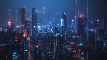 Obraz premium Smart digital Innovation city with connection network reciprocity over the cityscape. of future smart wireless city and social media networking systems that connects business people with in city
