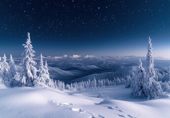 Stunning Winter Landscape Under Starry Night Sky with Snow-Covered Trees and Distant Mountains, Perfect for Nature Lovers and Seasonal Themes