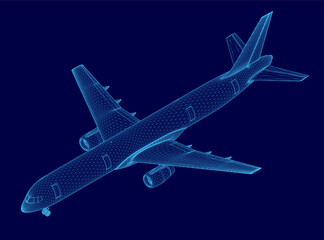 Blue airplane is shown image. The image is of a very detailed airplane, with the wings and tail visible. The image has a futuristic and technological feel to it