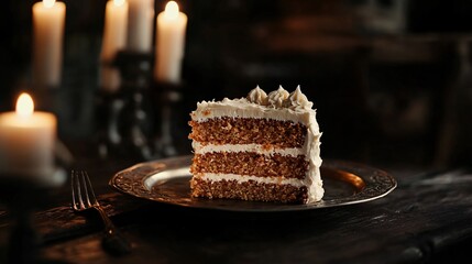 Carrot cake served on an antique tin plate, placed on a dark rustic table with glowing candlelight