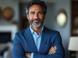 Fototapeta premium A confident, middle-aged businessman with salt-and-pepper hair and a beard stands smiling in a modern office setting, exuding professionalism and warmth.