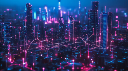 Smart digital Innovation city with connection network reciprocity over the cityscape. of future smart wireless city and social media networking systems that connects business people with in city