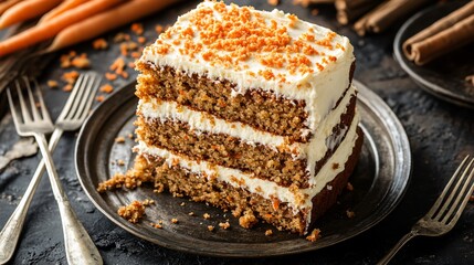 Carrot cake slices stacked on a weathered tin plate, surrounded by grated carrots and vintage forks