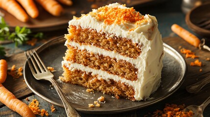 Carrot cake slices stacked on a weathered tin plate, surrounded by grated carrots and vintage forks
